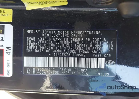 2011 Toyota Camry Le из США, поврежденный, VIN 4T1BF3EK7BU738582